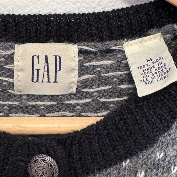 Vintage 90s GAP 100% Wool Black Fair Isle Nordic Cardigan Sweater Size Medium - Picture 4 of 10